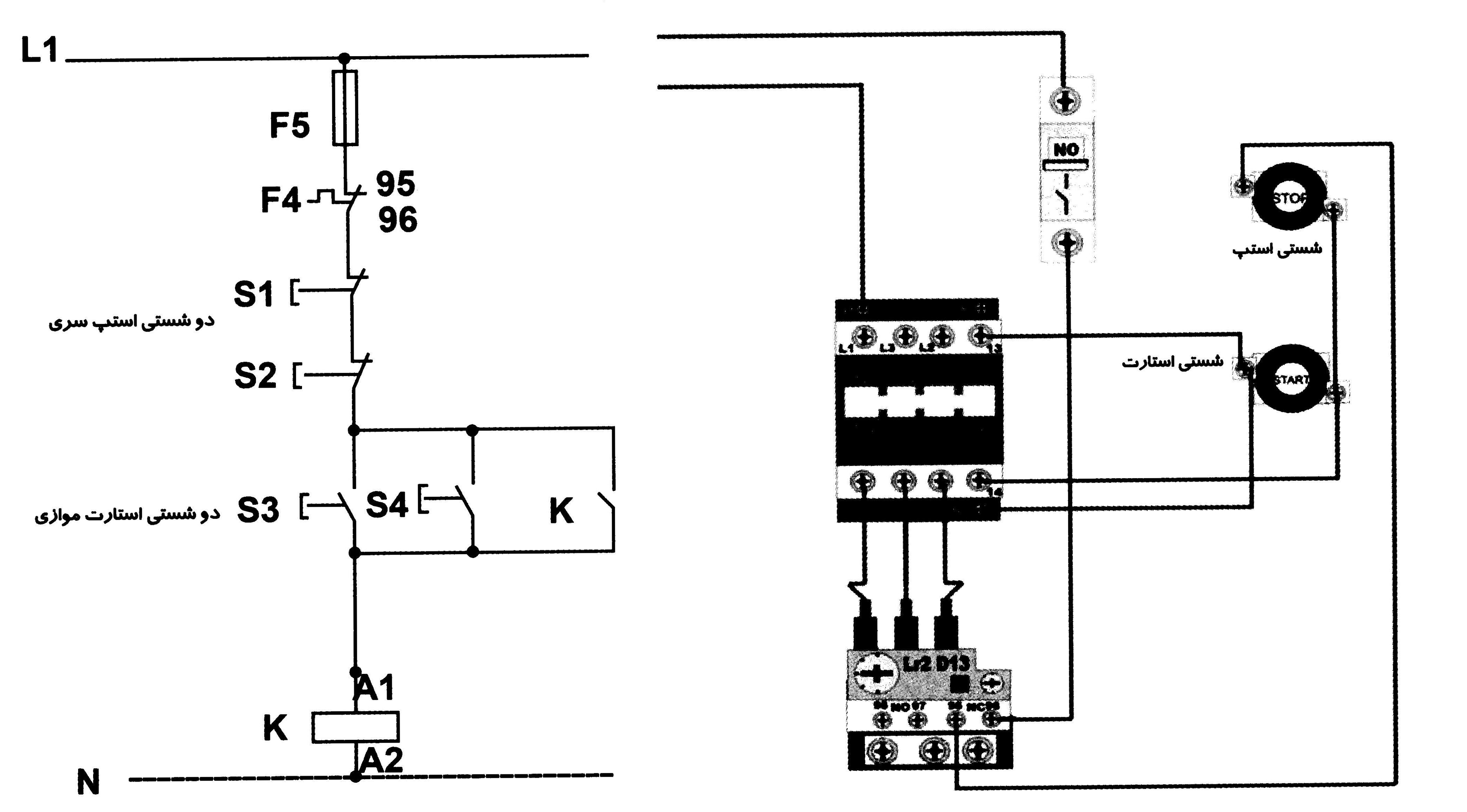 مدار فرمان برای اتصال مستقیم یک موتور سه فاز قفس سنجابی به شبکه و با امکان قطع و وصل از دو محل